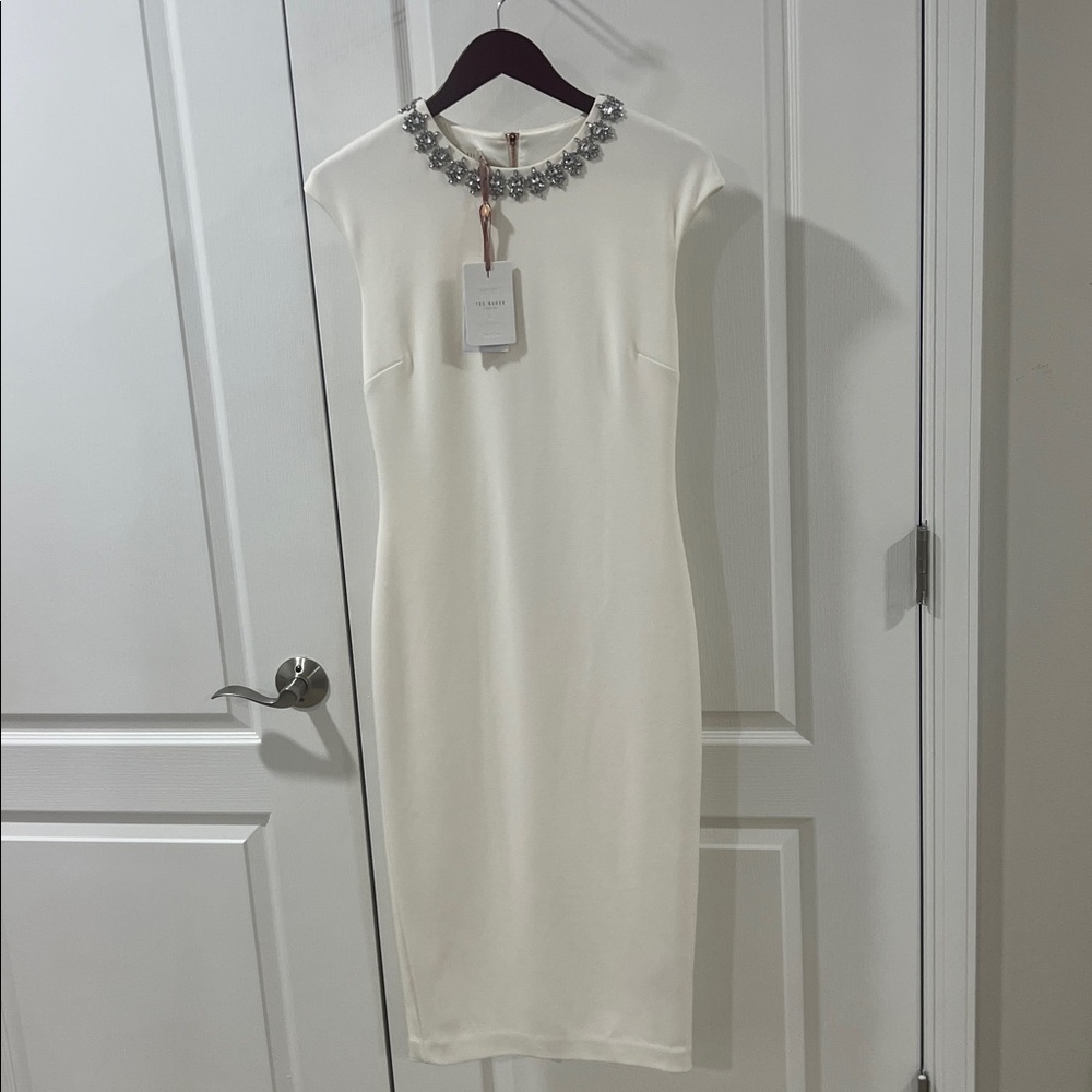 Ted Baker Juanaa Embellished Neck Midi Dress with a fitted knit design.